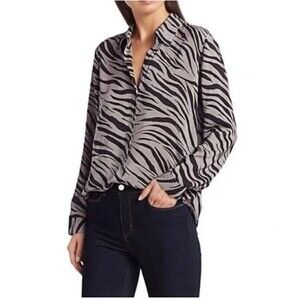 L'Agence Nina Zebra Print Blouse Button Down Gray Women's Size M Flawed Read